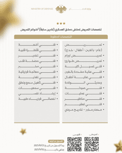 تعلن إدارة الخدمات الطبية العسكرية عن رغبتها بالتعاقد مع عدد من خريجي الكليات والمعاهد في مختلف الاختصاصات، ضمن مشفى دمشق العسكري (تشرين سابقاً)1.jpg