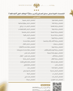 تعلن إدارة الخدمات الطبية العسكرية عن رغبتها بالتعاقد مع عدد من الأطباء في مختلف الاختصاصات، ضمن مشفى دمشق العسكري (تشرين سابقاً)1.jpg